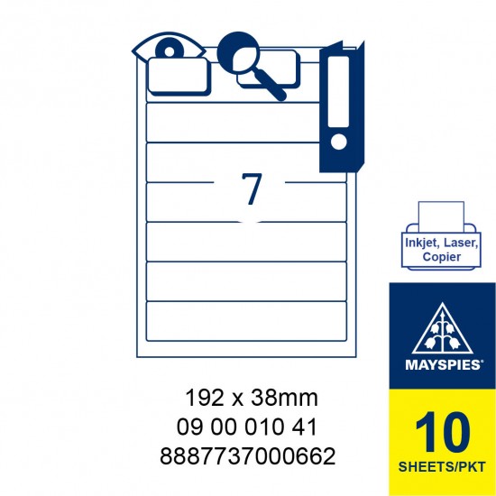 MAYSPIES 09 00 010 41 LABEL FOR INKJET / LASER / COPIER 10 SHEETS/PKT WHITE 192 X 38MM